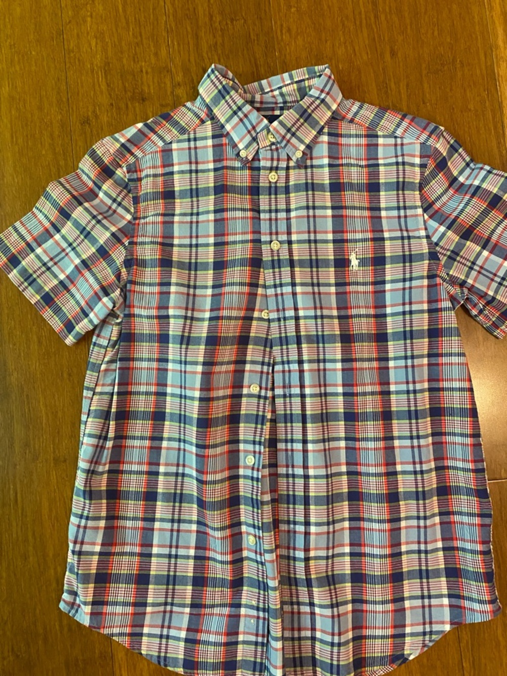Ralph Lauren Short-Sleeve Plaid Button-Down in Blue, Red and White
